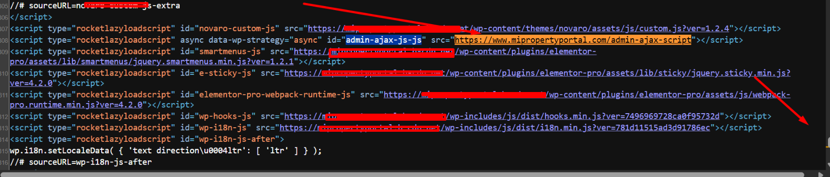 Malicious admin-ajax-script JavaScript resource injected into a WordPress page source