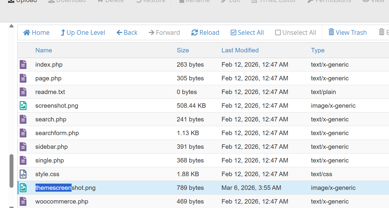 Fake themescreenshot.png malware file beside the legitimate WordPress theme screenshot.png